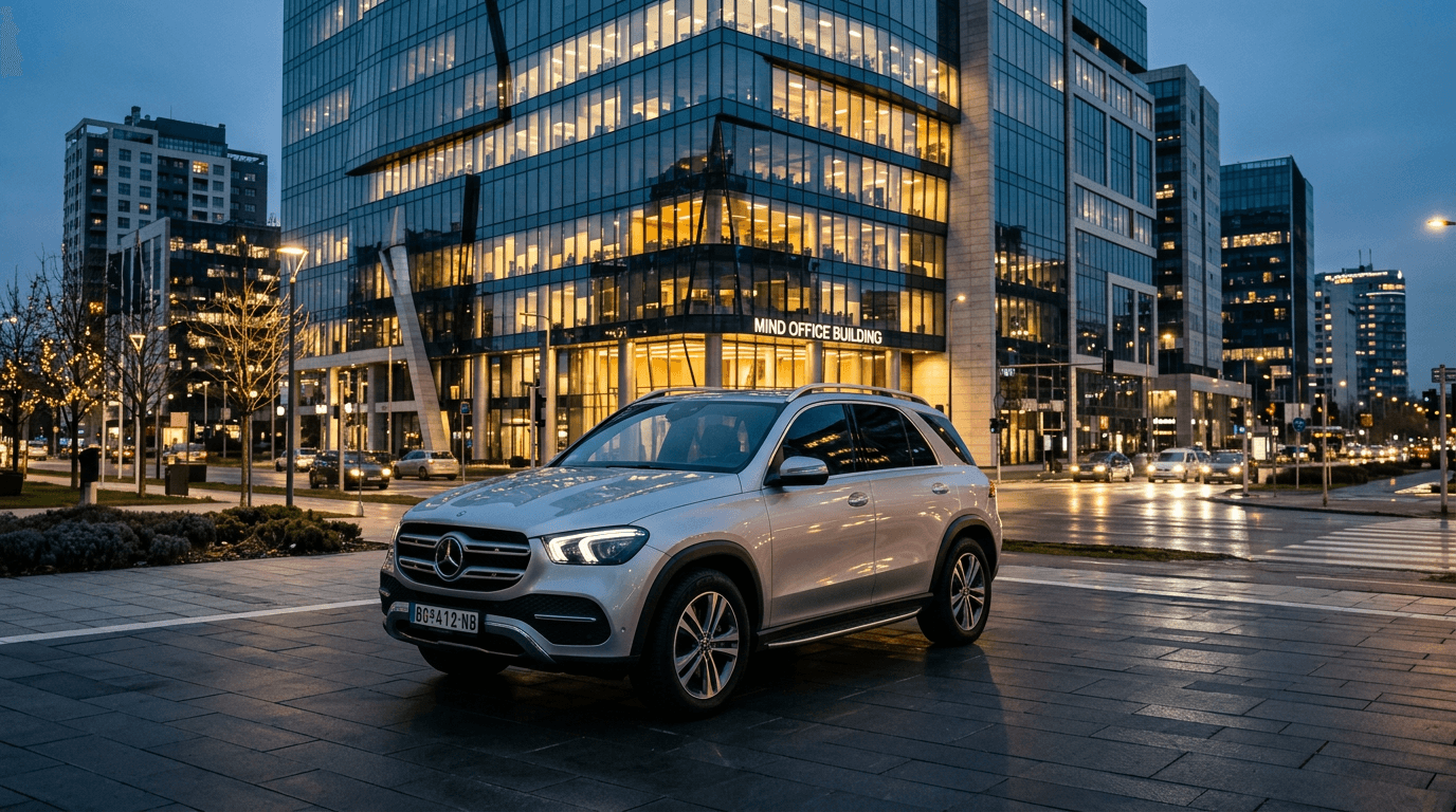 Moderan SUV parkiran ispred poslovne zgrade na Novom Beogradu u sumrak